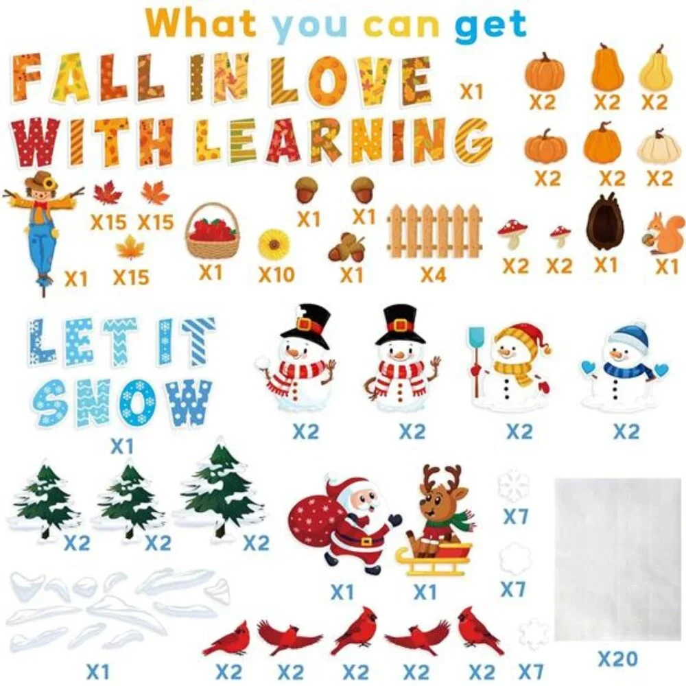 340Pcs Seasonal‎ Tree Bulletin Board Set - Spring, Summer, Fall, Winter Decor